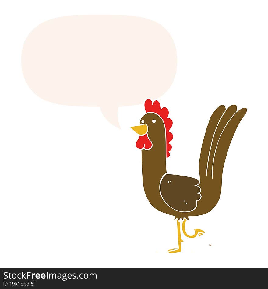 cartoon rooster and speech bubble in retro style