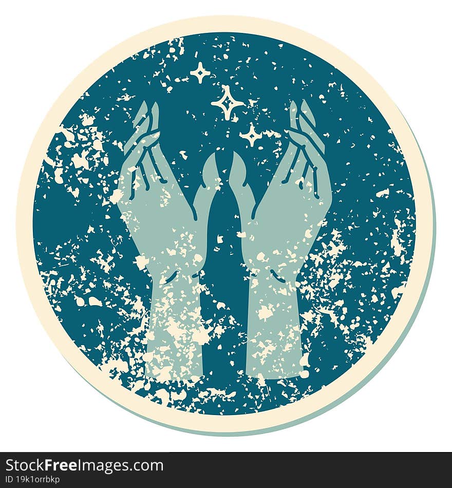 distressed sticker tattoo style icon of mystic hands