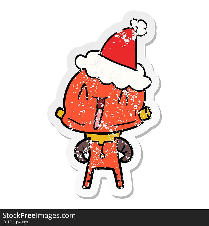 distressed sticker cartoon of a robot wearing santa hat