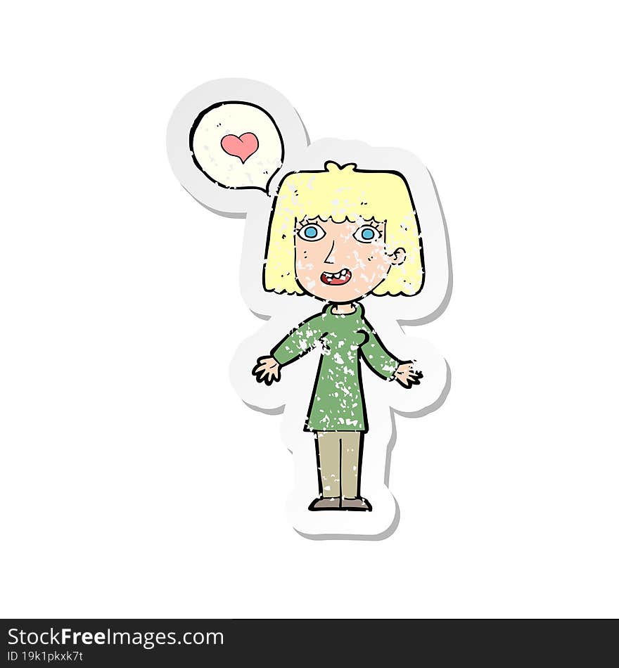 retro distressed sticker of a cartoon woman in love