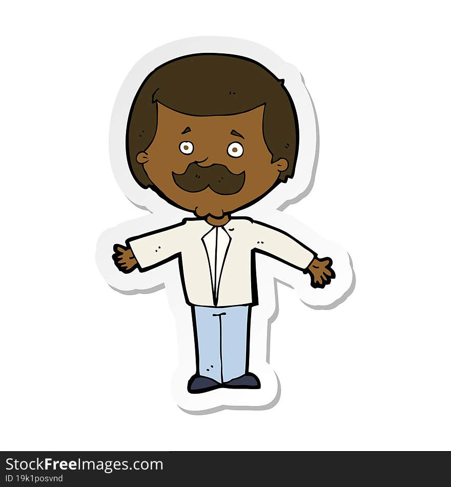 sticker of a cartoon mustache man with open arms