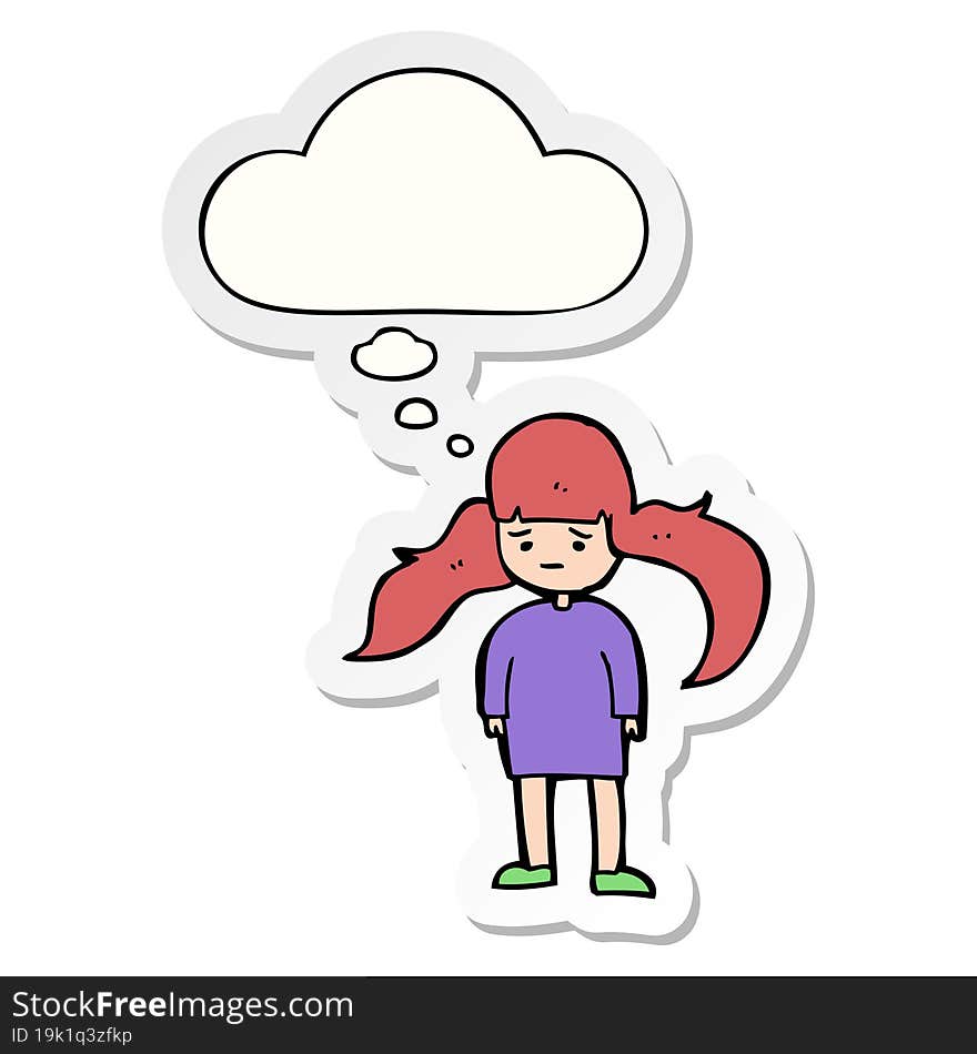 cartoon girl with long hair with thought bubble as a printed sticker