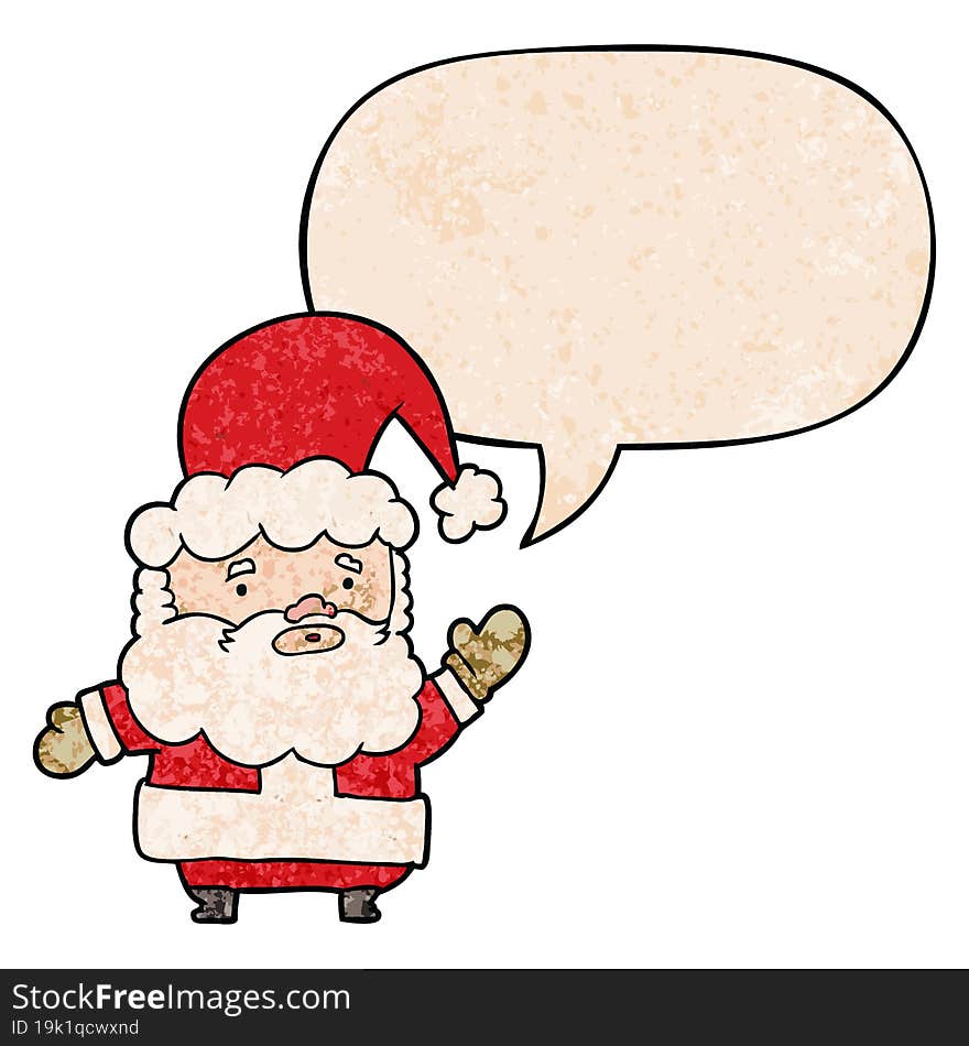 cartoon santa claus waving and speech bubble in retro texture style