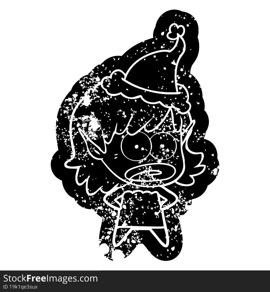 Cartoon Distressed Icon Of A Shocked Elf Girl Wearing Santa Hat