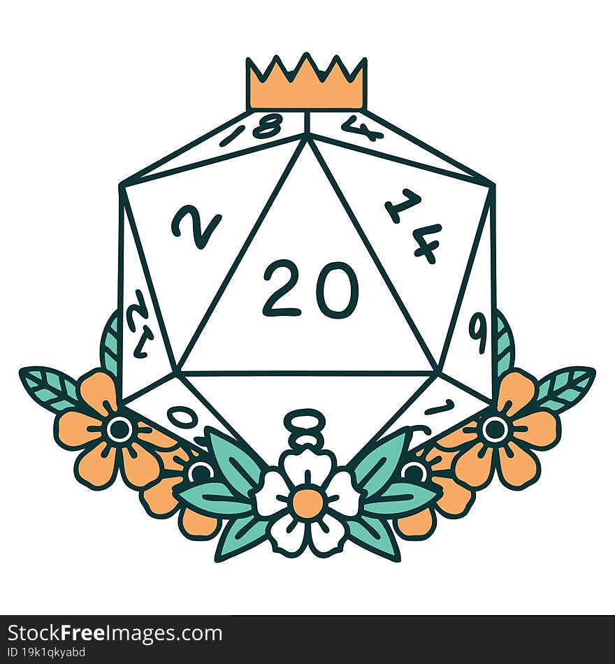 iconic tattoo style image of a d20. iconic tattoo style image of a d20