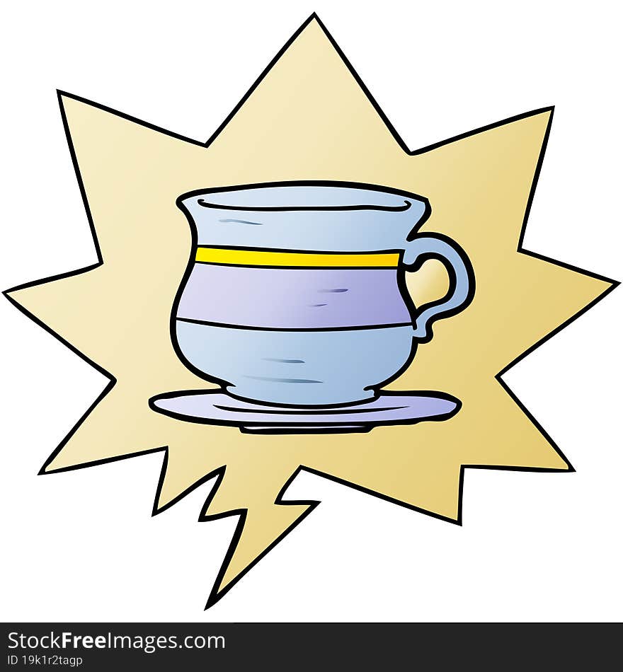 cartoon old tea cup and speech bubble in smooth gradient style