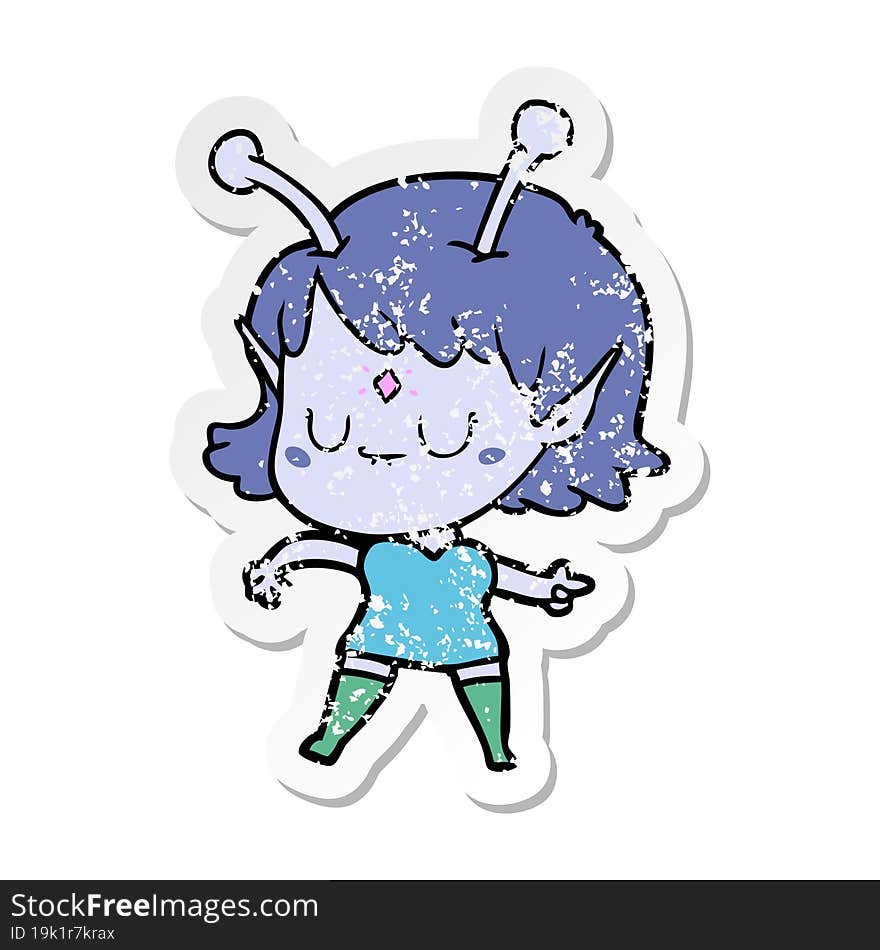 distressed sticker of a cartoon alien girl