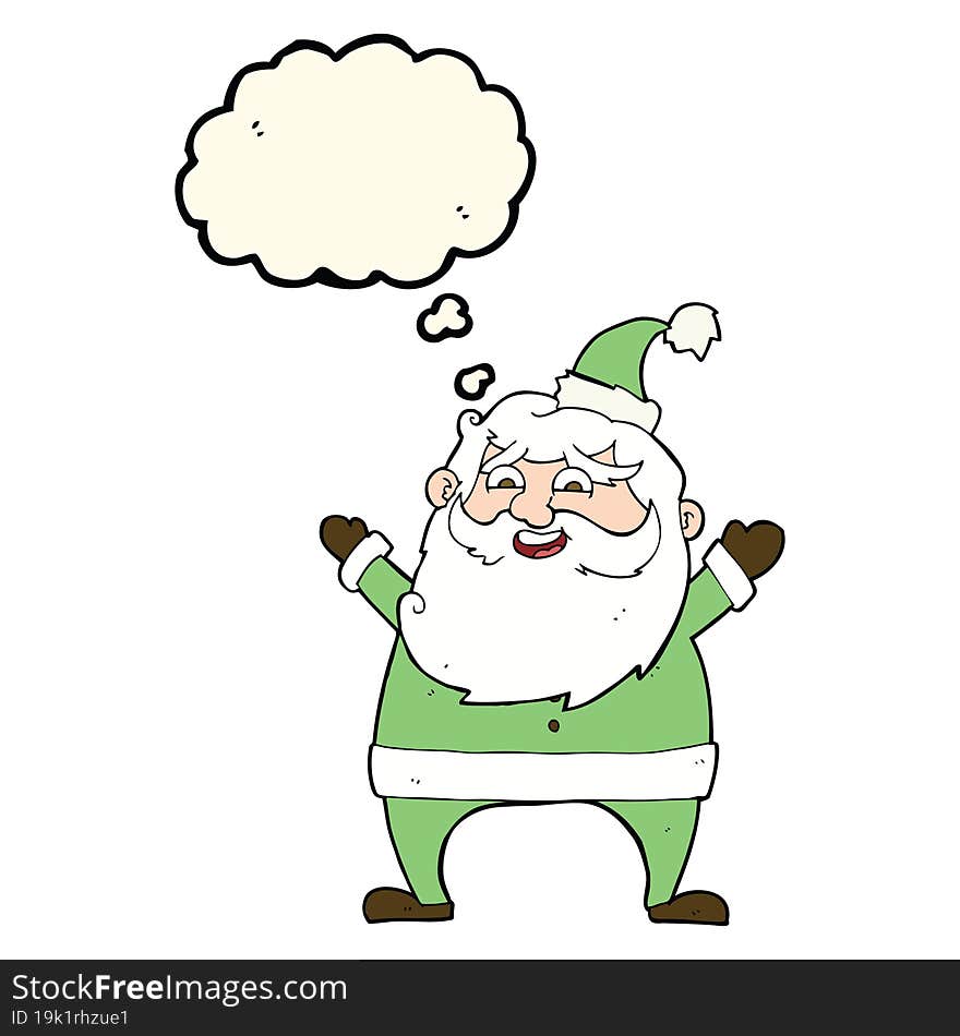 jolly santa cartoon with thought bubble