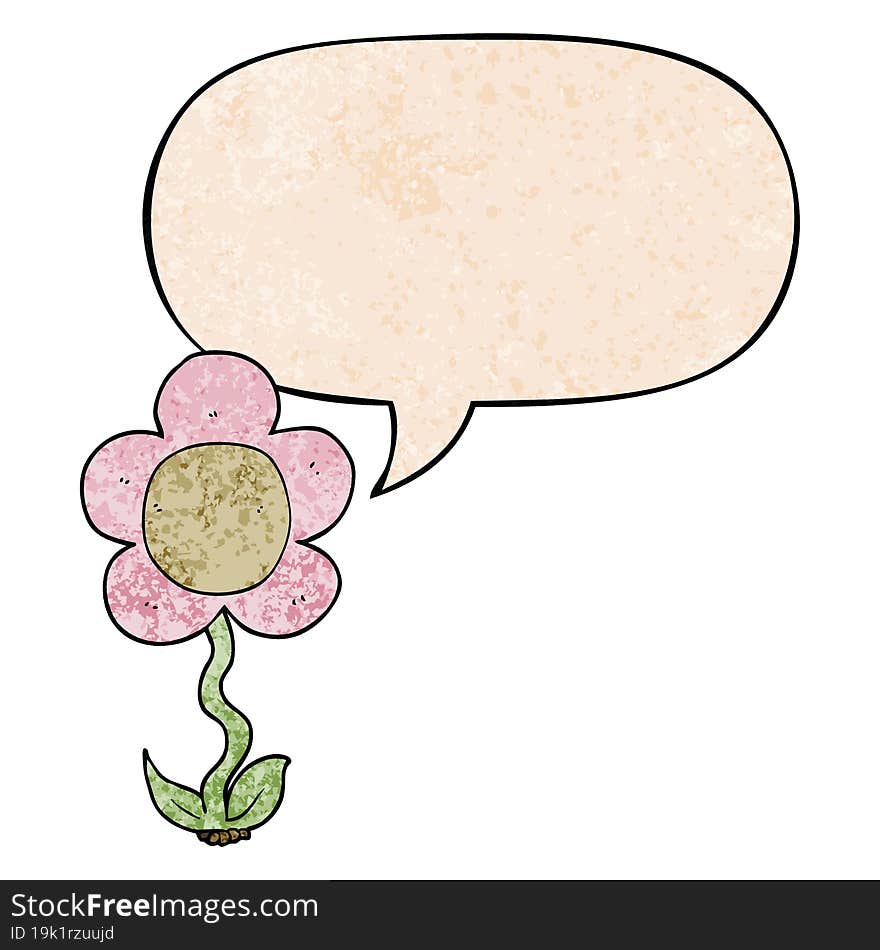 cartoon flower and speech bubble in retro texture style