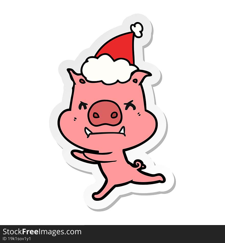 angry sticker cartoon of a pig wearing santa hat