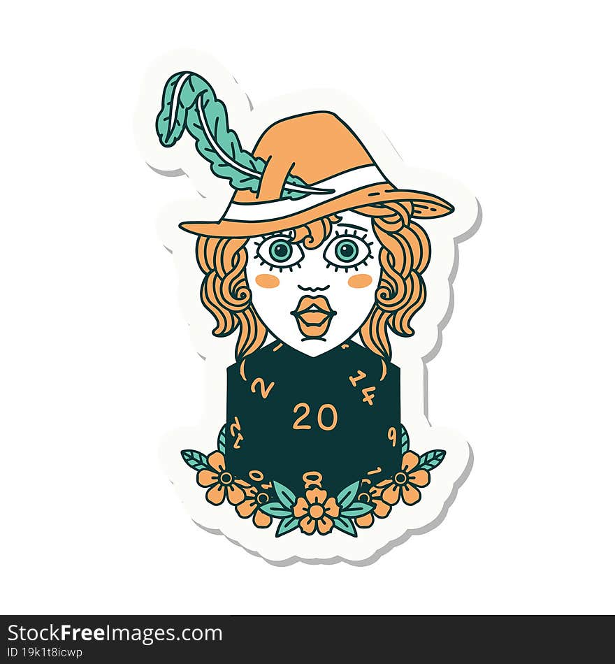 human bard with natural 20 dice roll sticker