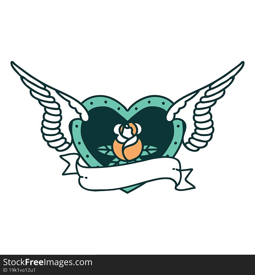 Tattoo Style Icon Of A Flying Heart With Flowers And Banner