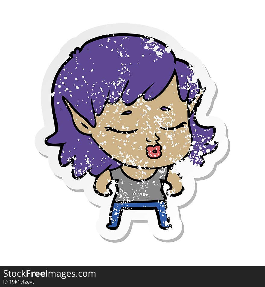 distressed sticker of a pretty cartoon elf girl