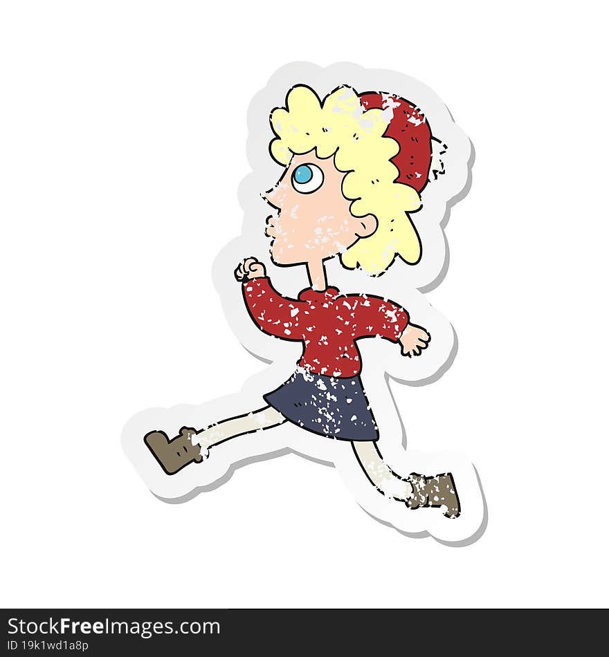 retro distressed sticker of a cartoon running woman