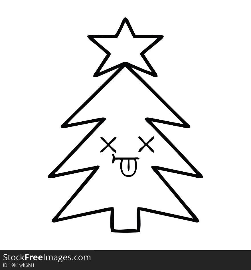 line drawing cartoon of a christmas tree