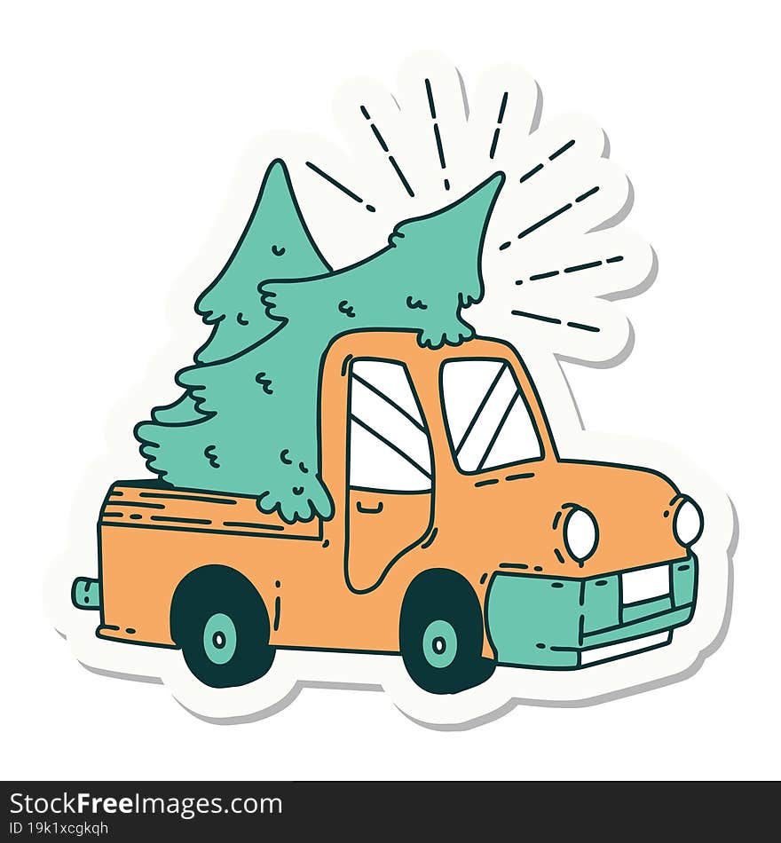 sticker of a tattoo style truck carrying trees