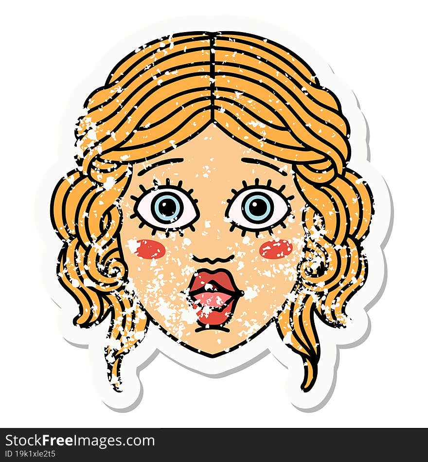 traditional distressed sticker tattoo of female face