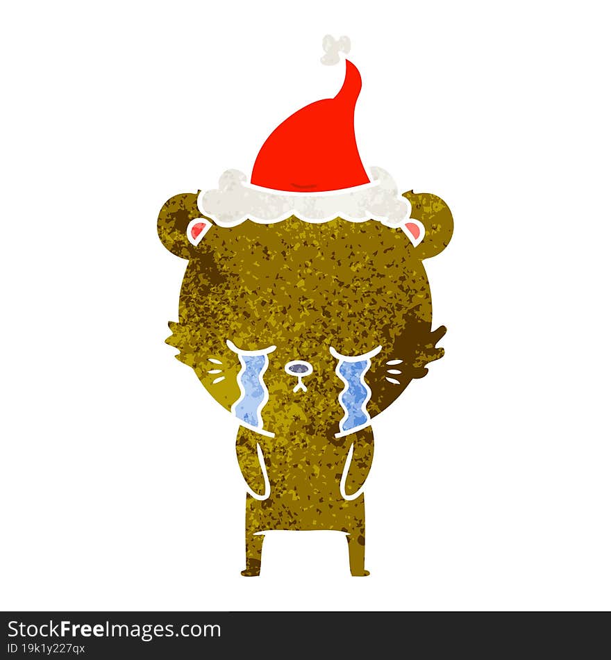 crying retro cartoon of a bear wearing santa hat