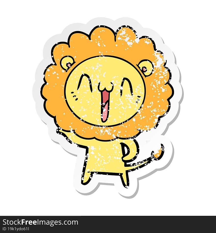 distressed sticker of a happy cartoon lion