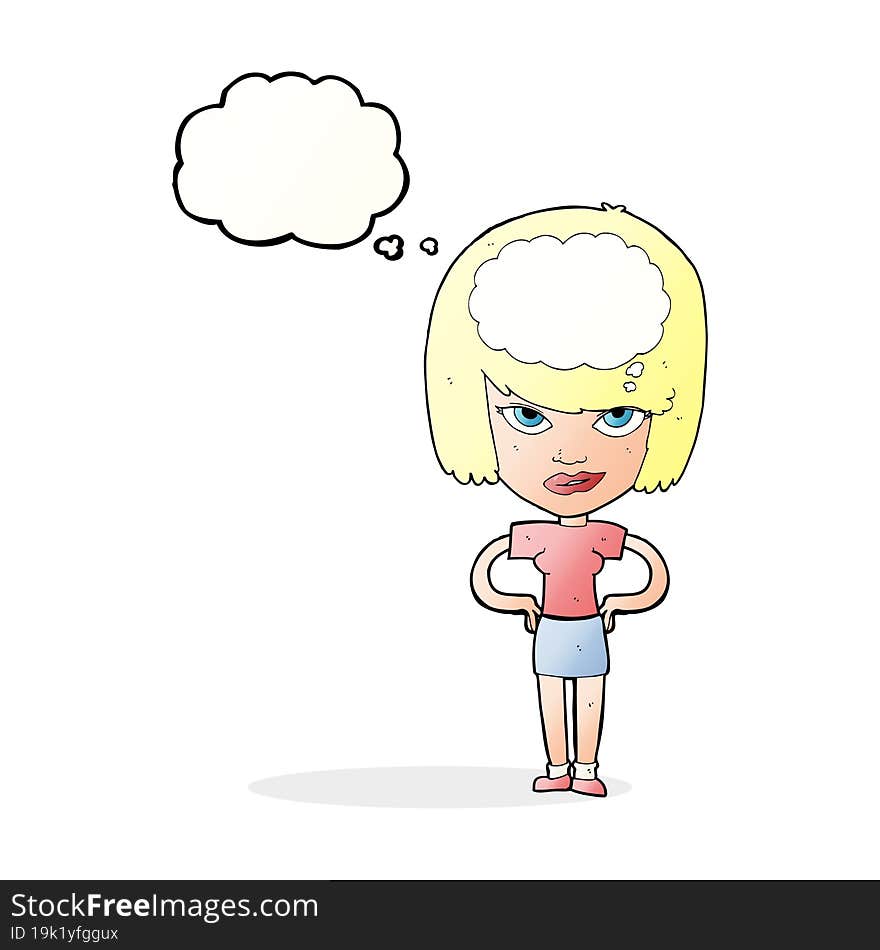 cartoon woman thinking with thought bubble