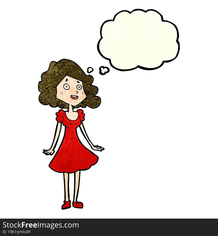 Cartoon Happy Woman In Dress With Thought Bubble