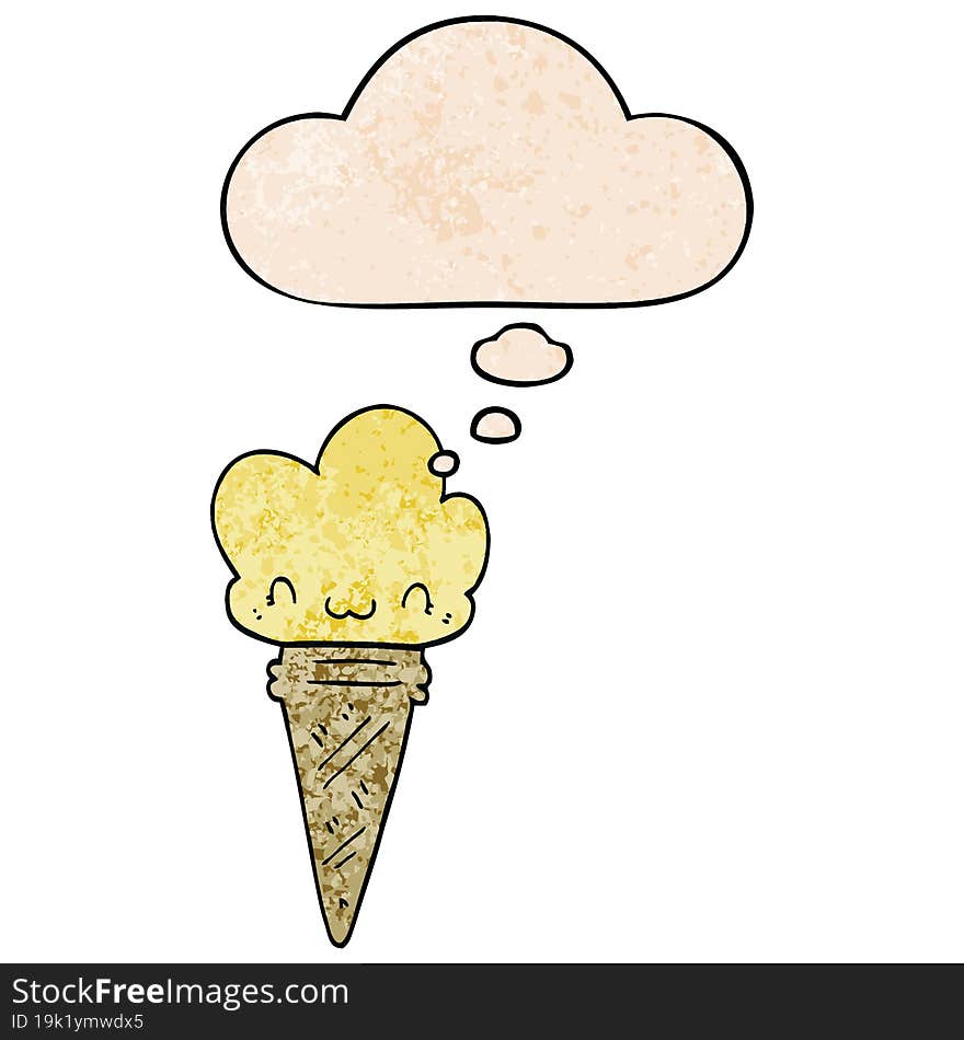 cartoon ice cream with face and thought bubble in grunge texture pattern style