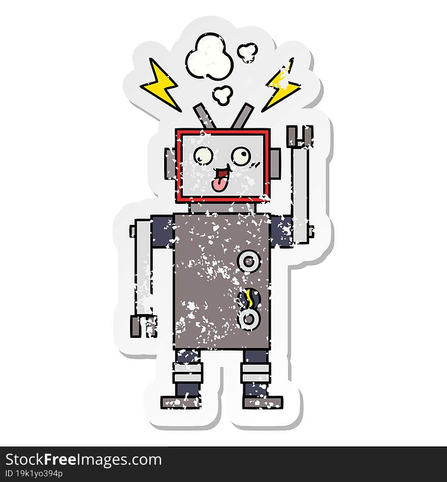 Distressed Sticker Of A Cute Cartoon Crazy Broken Robot