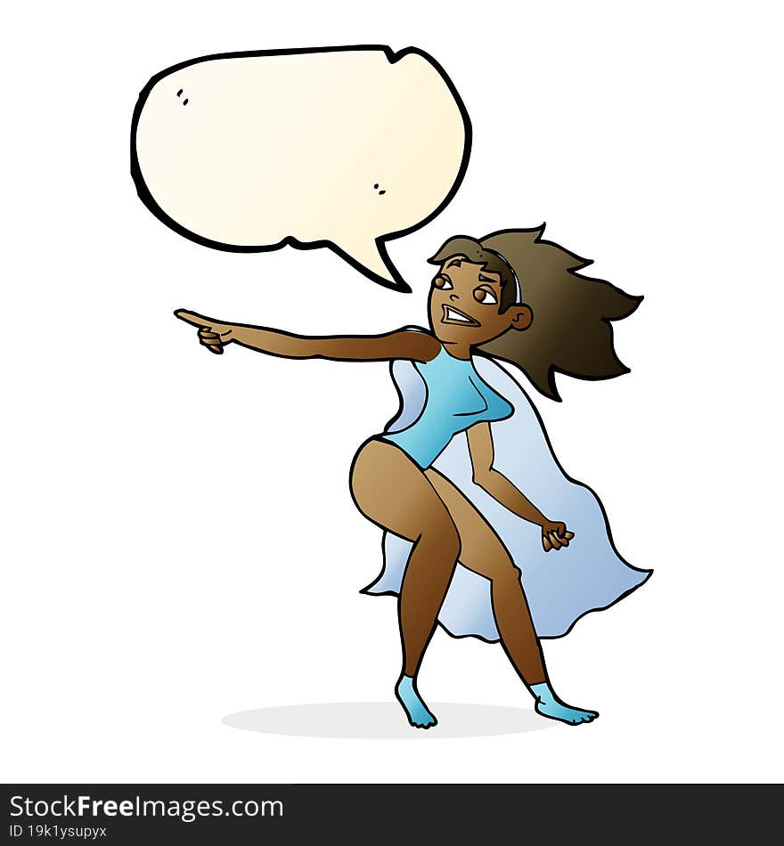 Cartoon Superhero Woman Pointing With Speech Bubble