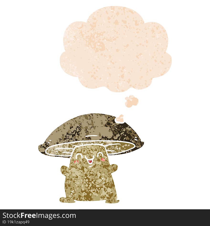 cartoon mushroom character with thought bubble in grunge distressed retro textured style. cartoon mushroom character with thought bubble in grunge distressed retro textured style