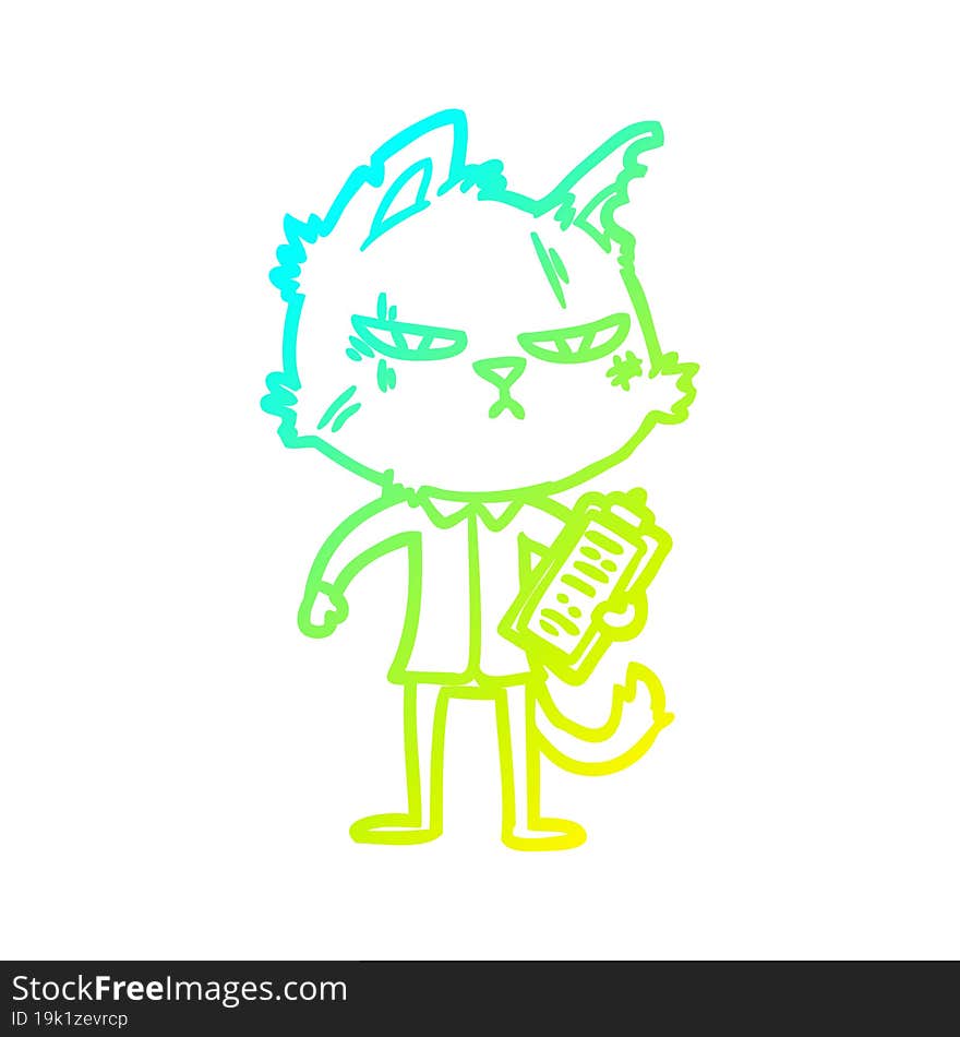 cold gradient line drawing tough cartoon cat with clipboard