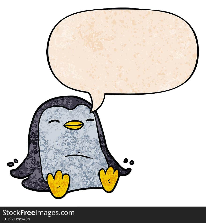 cartoon penguin and speech bubble in retro texture style