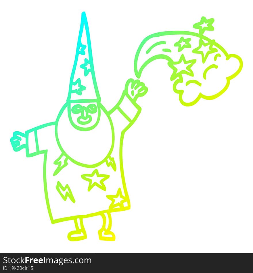 cold gradient line drawing of a cartoon wizard casting spell