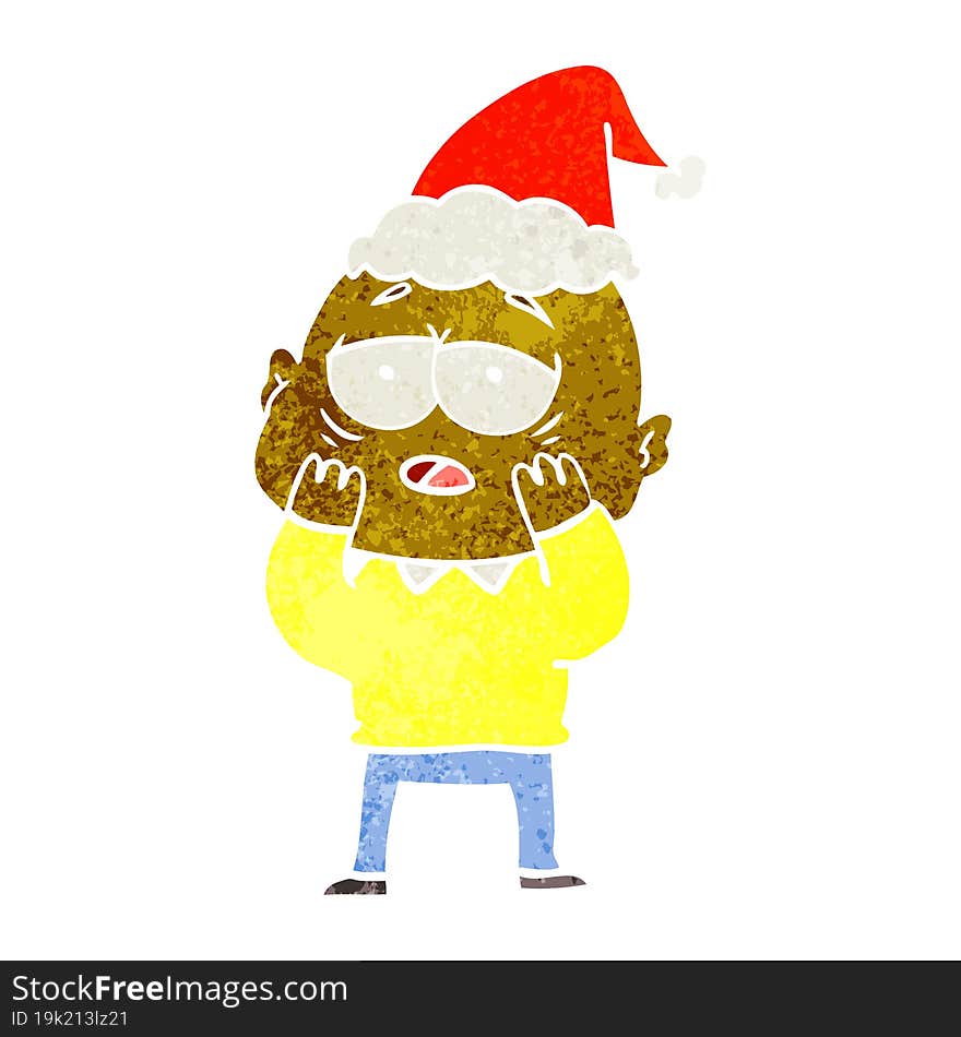 hand drawn retro cartoon of a tired bald man wearing santa hat