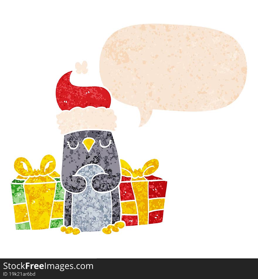 Cute Christmas Penguin And Speech Bubble In Retro Textured Style