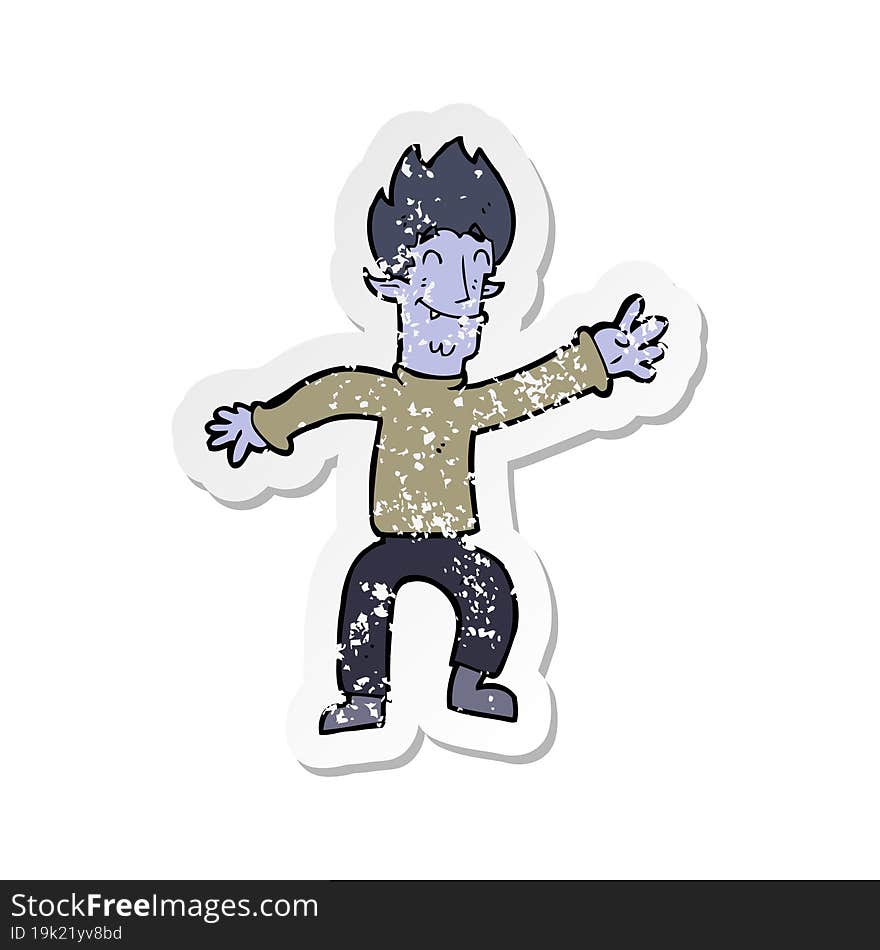 retro distressed sticker of a cartoon happy vampire man