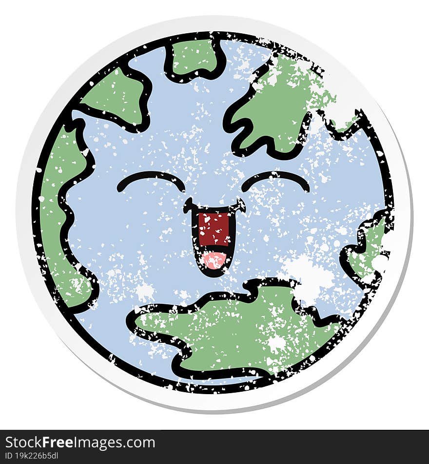 distressed sticker of a cute cartoon planet earth