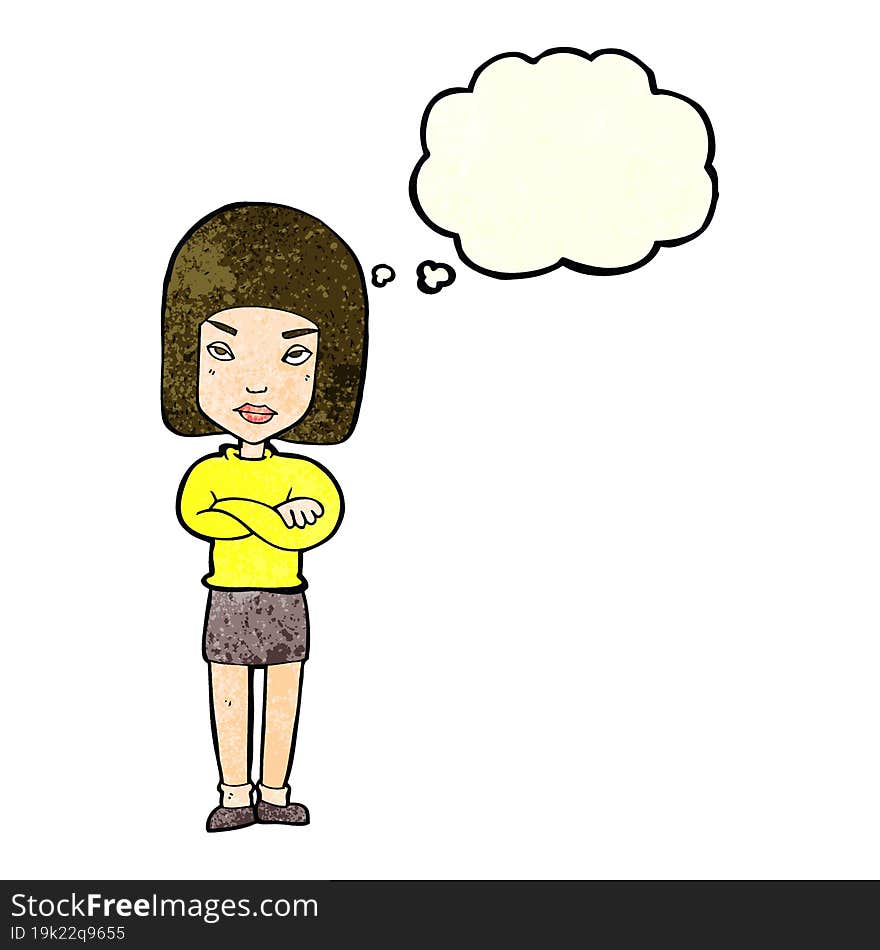 cartoon woman with crossed arms with thought bubble