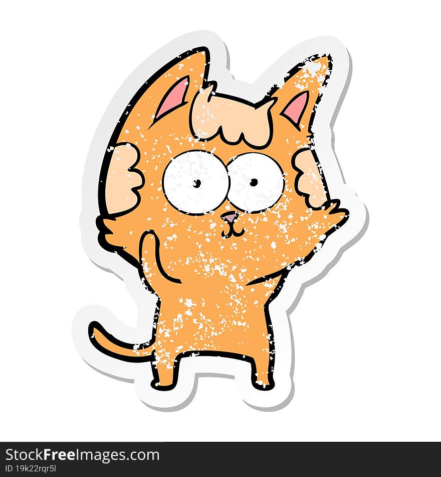 distressed sticker of a happy cartoon cat