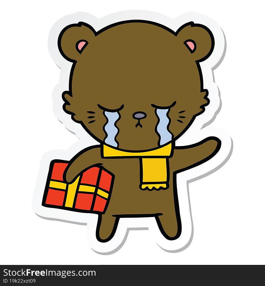 Sticker Of A Crying Cartoon Bear With Present