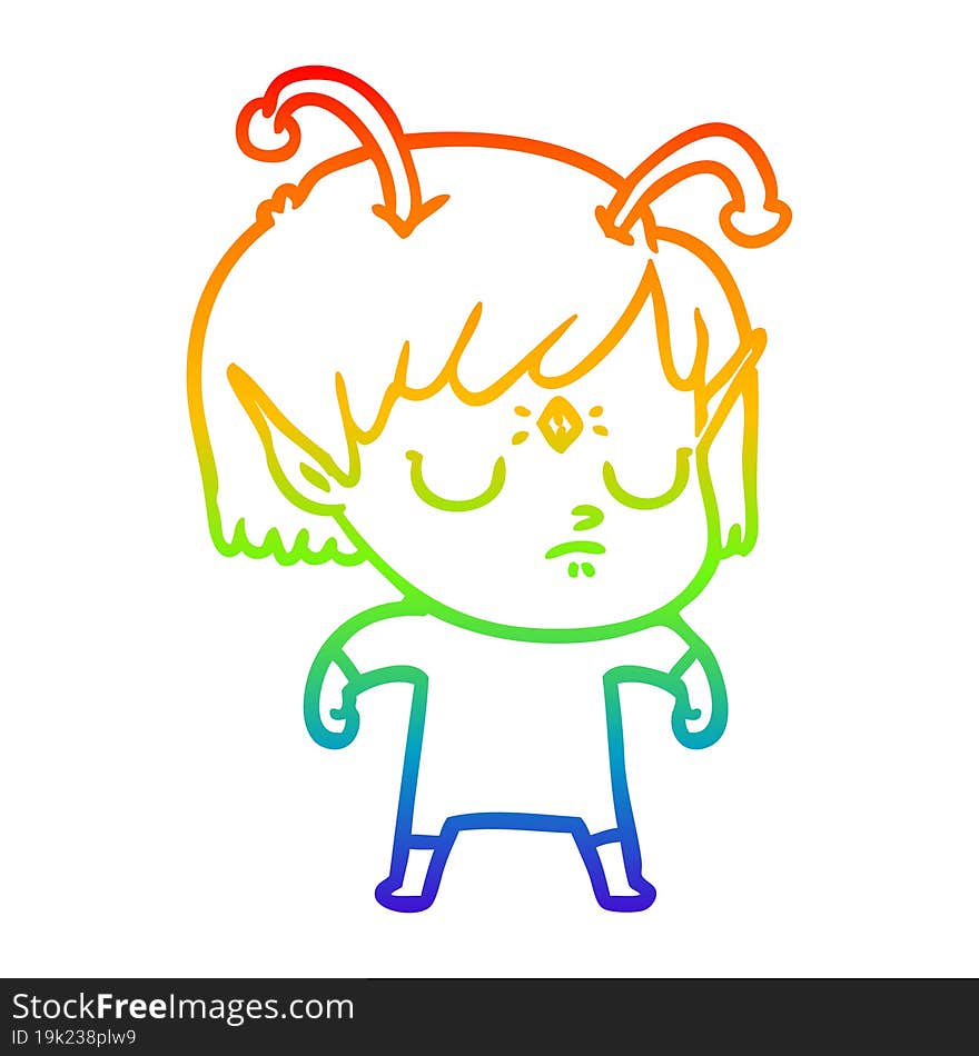 rainbow gradient line drawing of a cartoon alien girl