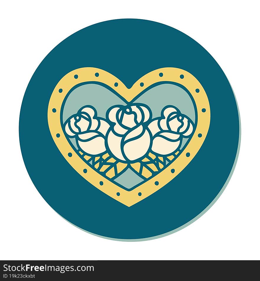 sticker of tattoo in traditional style of a heart and flowers. sticker of tattoo in traditional style of a heart and flowers