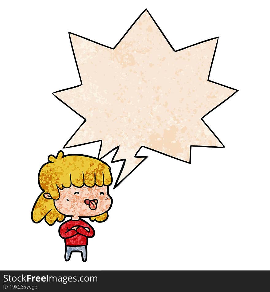 cartoon girl sticking out tongue and speech bubble in retro texture style