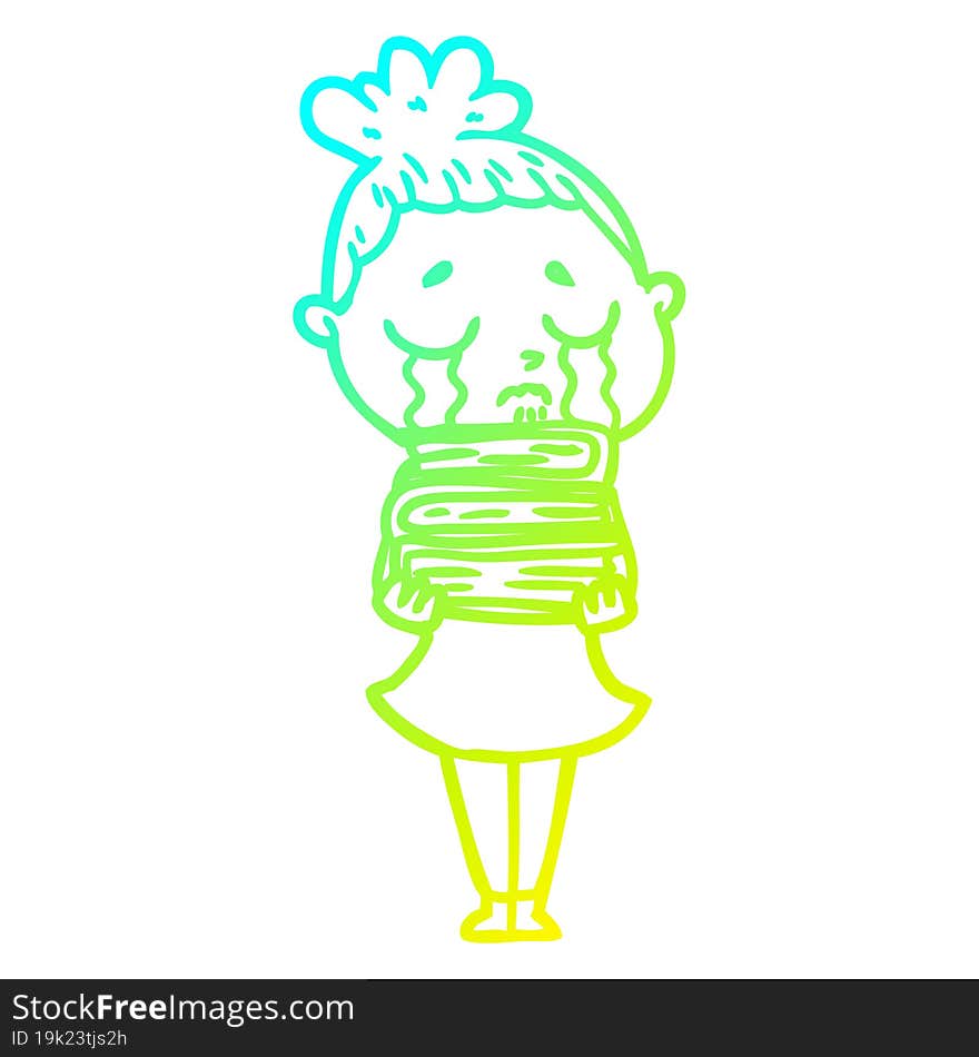 Cold Gradient Line Drawing Cartoon Crying Woman With Stack Of Books