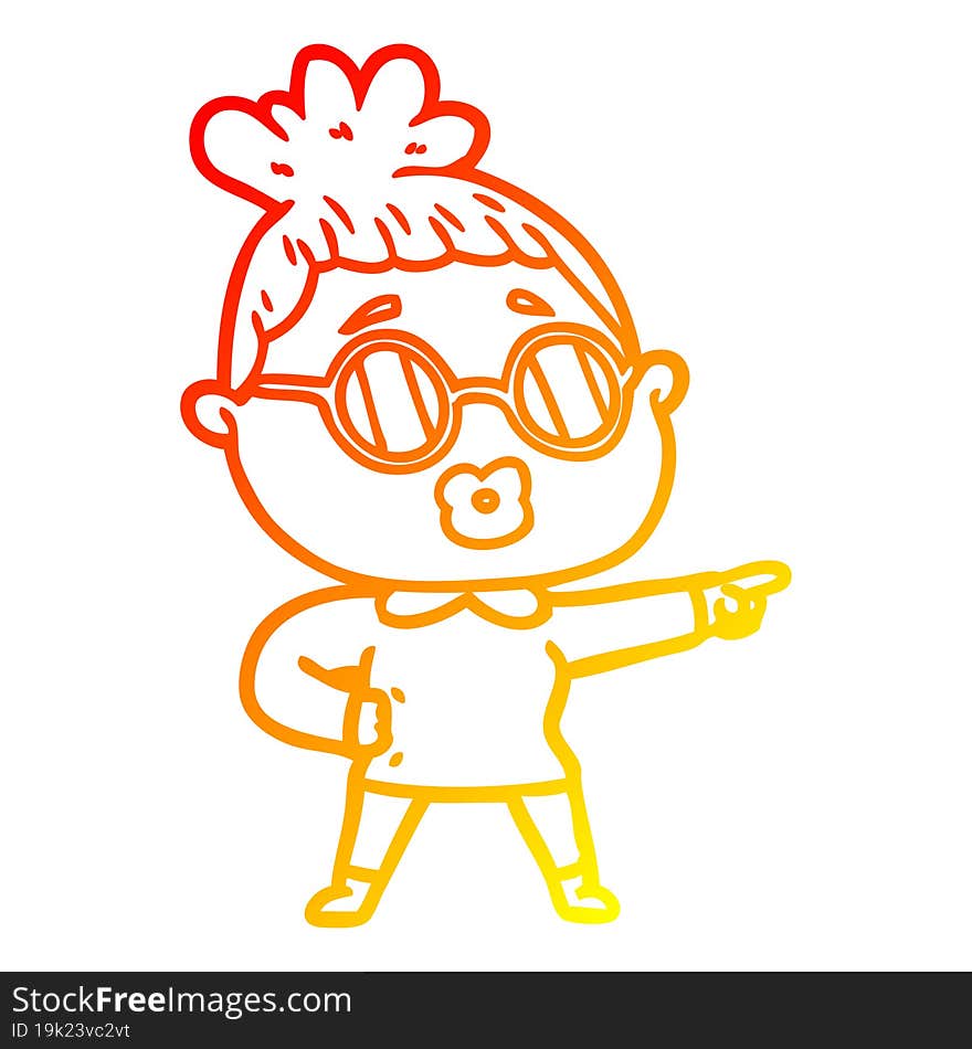 warm gradient line drawing cartoon pointing woman wearing spectacles