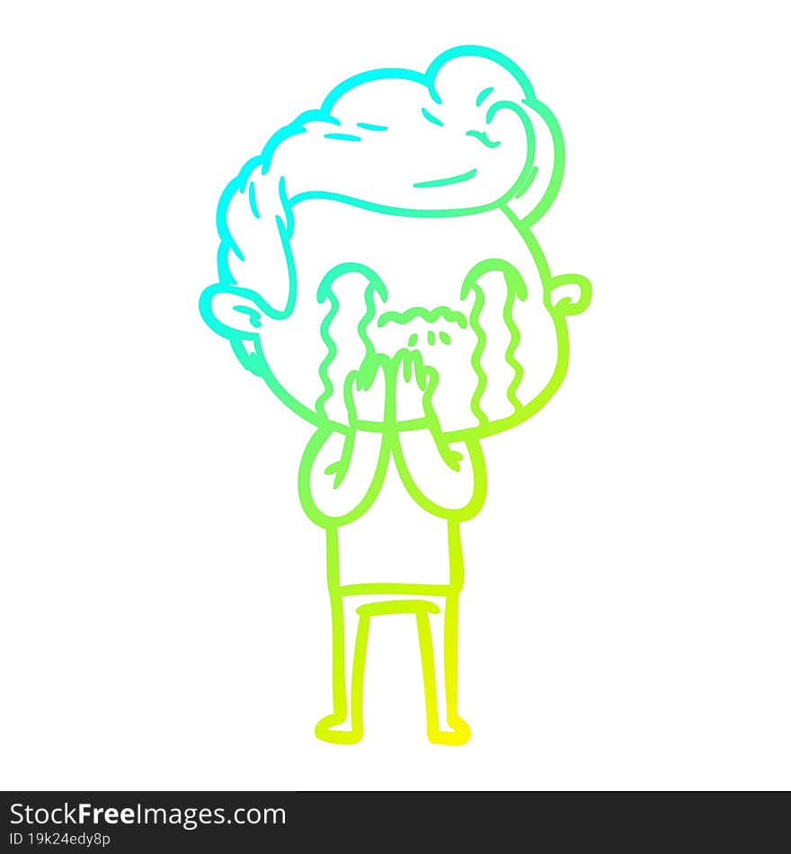 cold gradient line drawing of a cartoon man crying