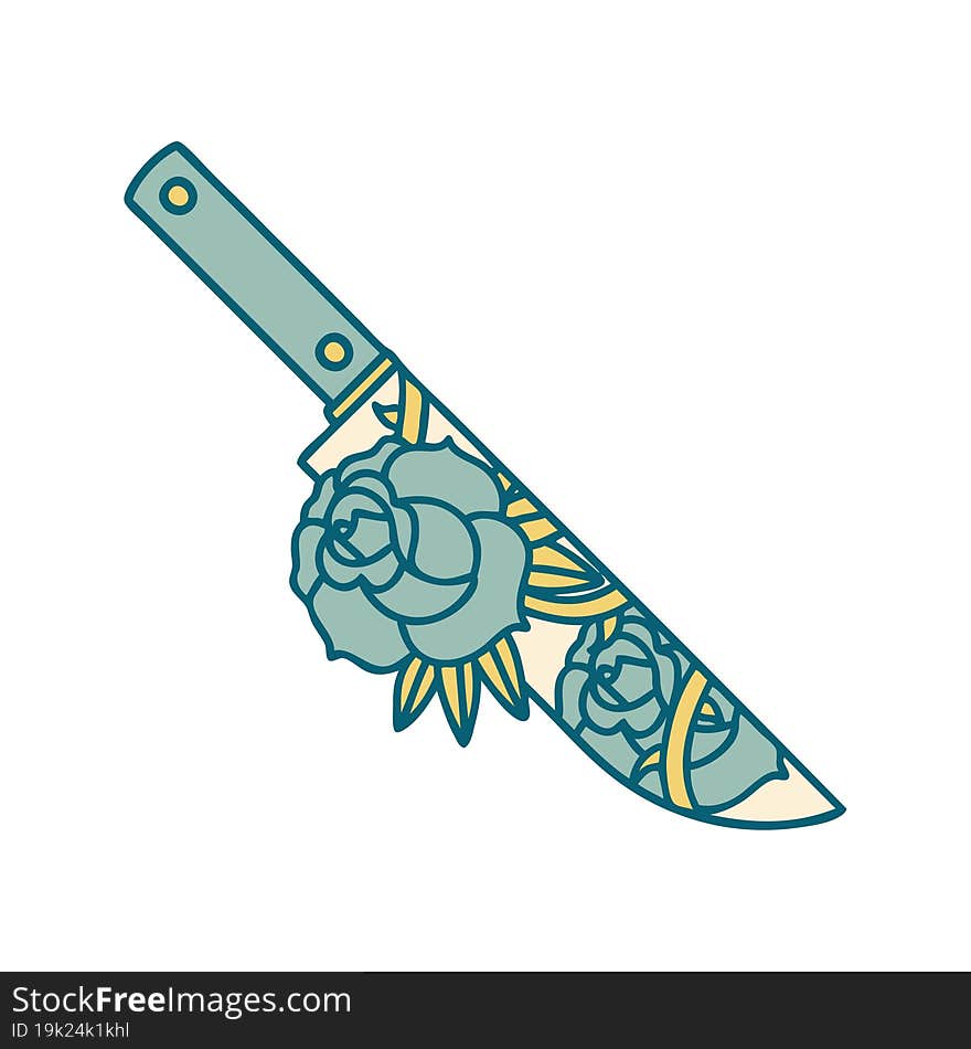 tattoo style icon of a dagger and flowers