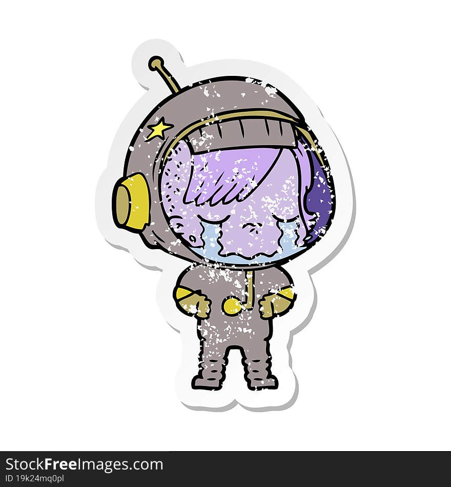 distressed sticker of a cartoon crying astronaut girl