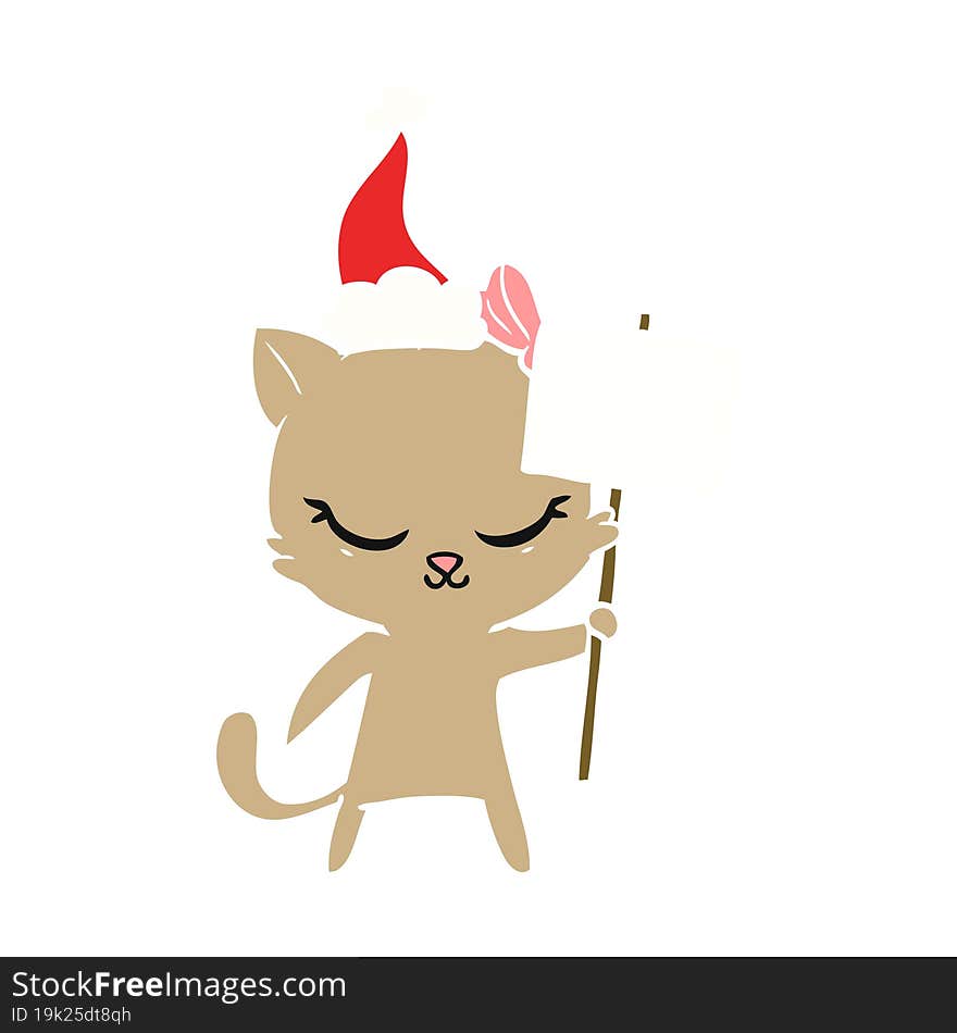 cute flat color illustration of a cat with sign wearing santa hat