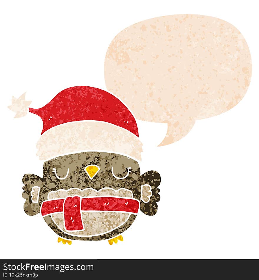 Cute Christmas Owl And Speech Bubble In Retro Textured Style