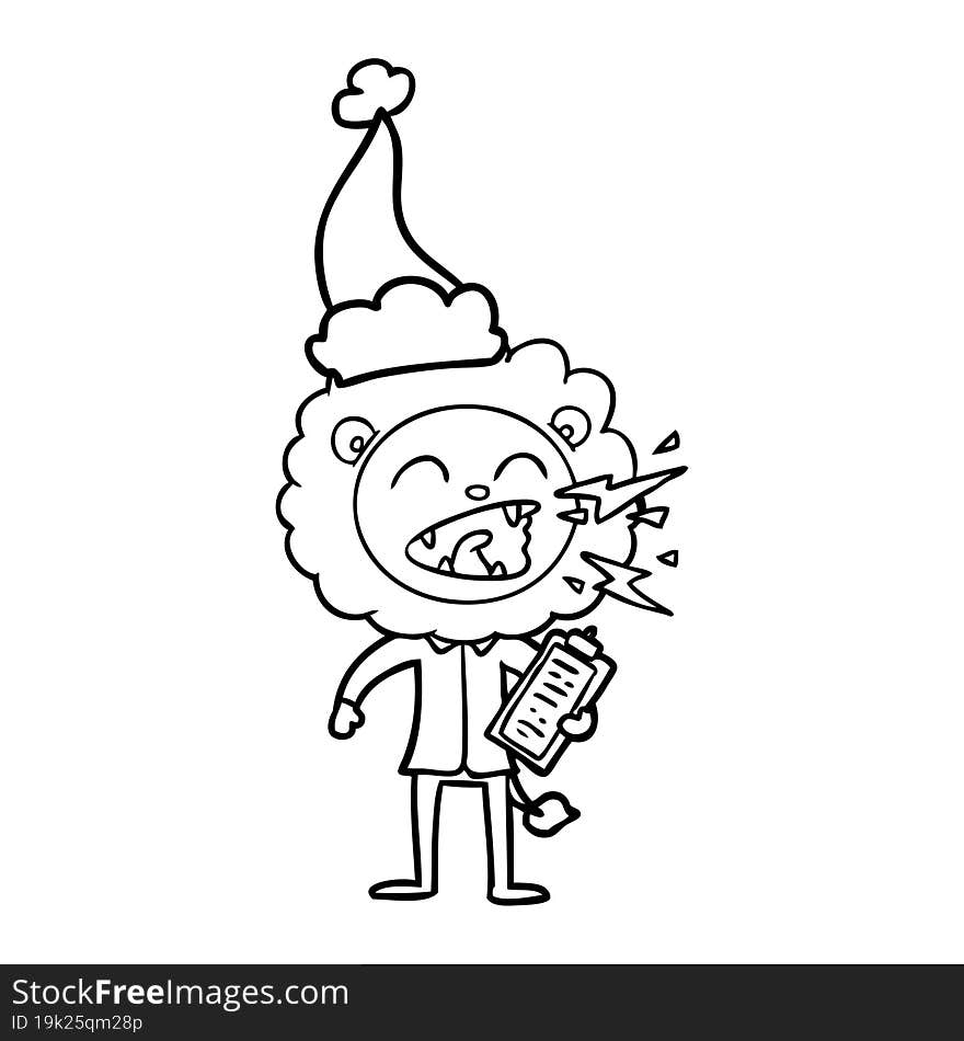 line drawing of a roaring lion doctor wearing santa hat